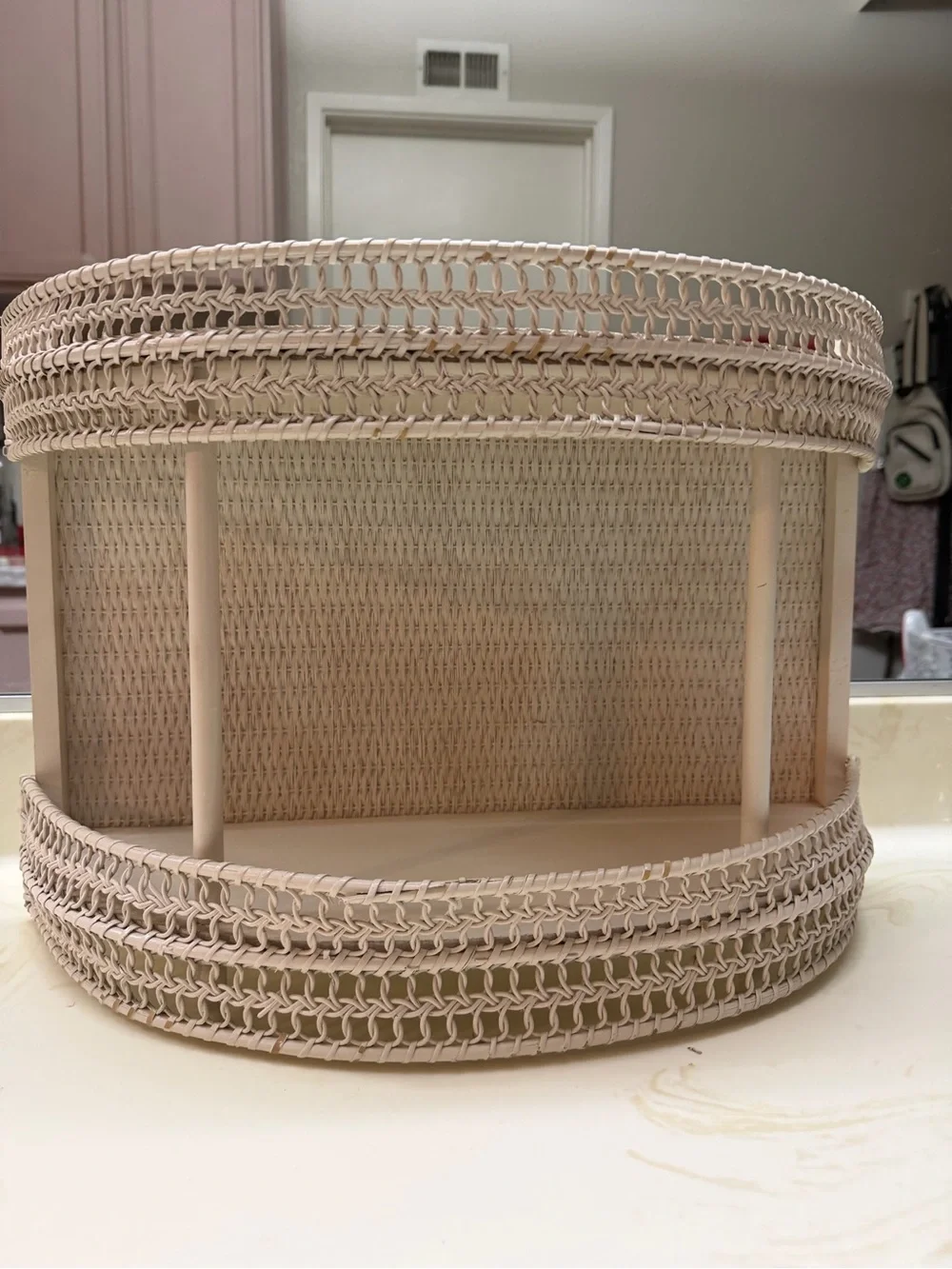 Vintage Curved Woven Wicker Metal 2-Tier Display Shelf Cottage Shabby Chic
